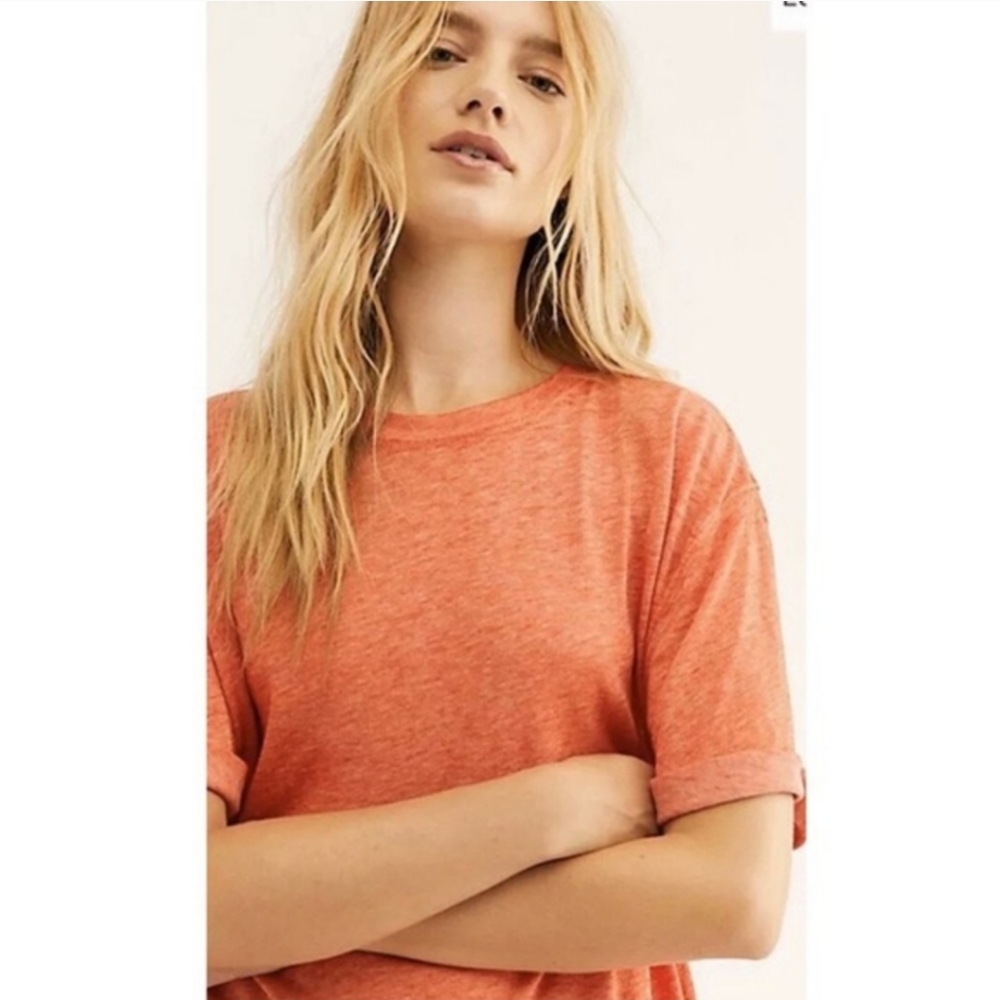 Free People Cassidy Orange Burnout Rolled Sleeve Boxy Fit Short Sleeve T-Shirt - Picture 3 of 5
